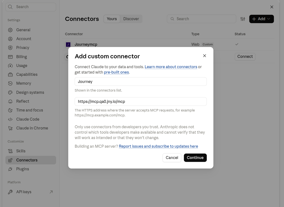 Adding Journey as a custom connector in Claude's settings.